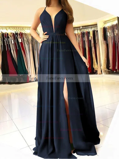 A-line V-neck Chiffon Sweep Train Ruffles Prom Dresses #Favs020106832