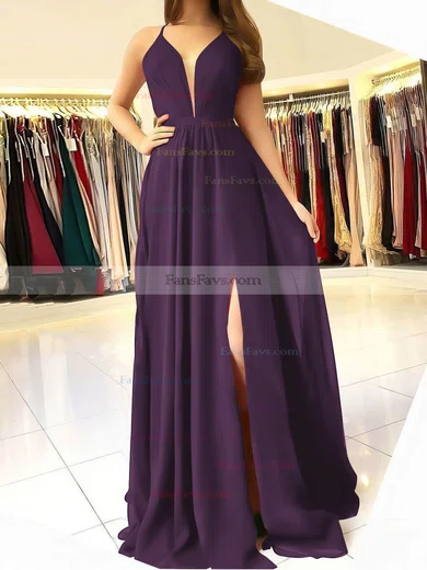 A-line V-neck Chiffon Sweep Train Ruffles Prom Dresses #Favs020106832