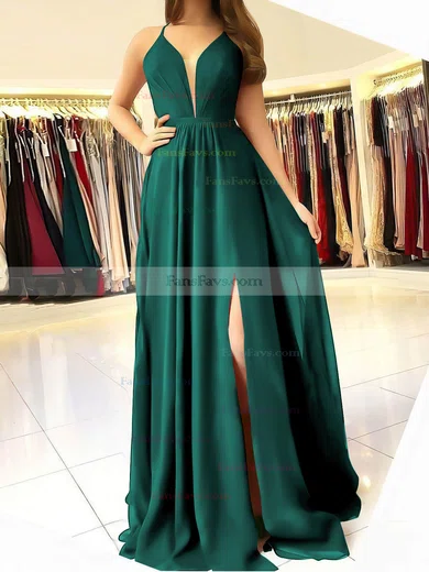 A-line V-neck Chiffon Sweep Train Ruffles Prom Dresses #Favs020106832
