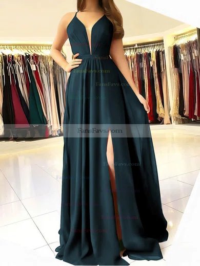 A-line V-neck Chiffon Sweep Train Ruffles Prom Dresses #Favs020106832