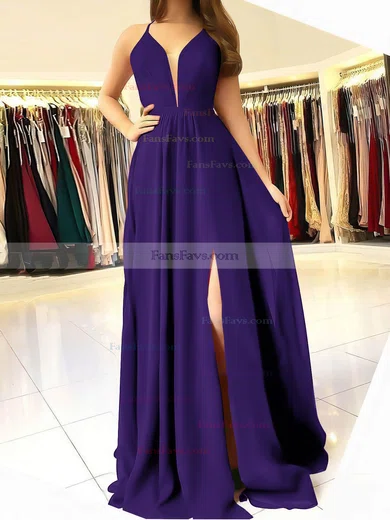 A-line V-neck Chiffon Sweep Train Ruffles Prom Dresses #Favs020106832
