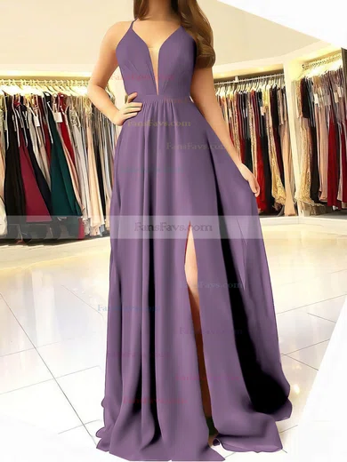 A-line V-neck Chiffon Sweep Train Ruffles Prom Dresses #Favs020106832