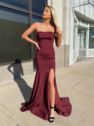 Trumpet/Mermaid Strapless Stretch Crepe Sweep Train Ruffles Prom Dresses #Favs020106833