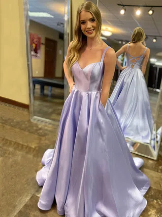 A-line V-neck Satin Sweep Train Pockets Prom Dresses #Favs020106845 A-line V-neck Satin Sweep Train Pockets Prom Dresses #Favs020106845