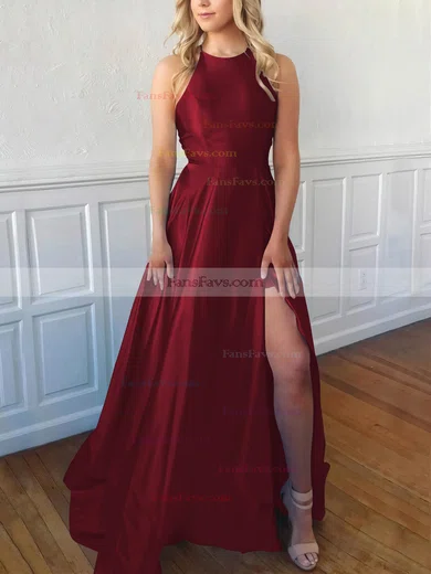 A-line Scoop Neck Satin Sweep Train Split Front Prom Dresses #Favs020106857