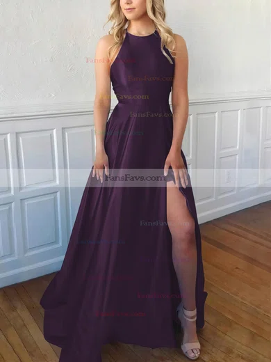 A-line Scoop Neck Satin Sweep Train Split Front Prom Dresses #Favs020106857