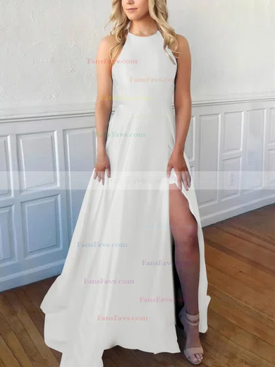 A-line Scoop Neck Satin Sweep Train Split Front Prom Dresses #Favs020106857