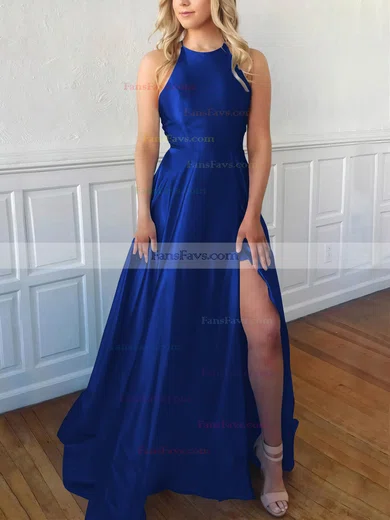 A-line Scoop Neck Satin Sweep Train Split Front Prom Dresses #Favs020106857