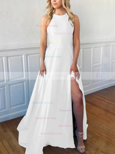 A-line Scoop Neck Satin Sweep Train Split Front Prom Dresses #Favs020106857