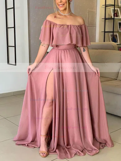 A-line Off-the-shoulder Chiffon Sweep Train Split Front Prom Dresses #Favs020106861