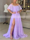 A-line Off-the-shoulder Chiffon Sweep Train Split Front Prom Dresses #Favs020106861