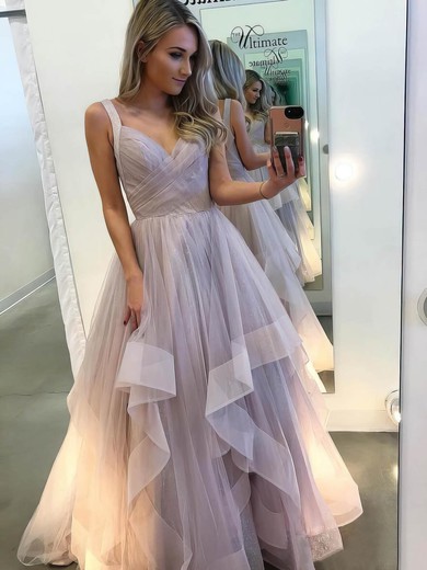 Princess V-neck Tulle Floor-length Cascading Ruffles Prom Dresses #Favs020106863