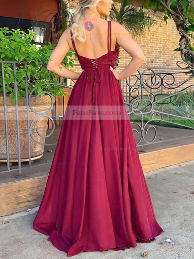 A-line V-neck Chiffon Sweep Train Split Front Prom Dresses #Favs020106865