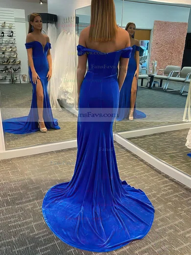 Trumpet/Mermaid Off-the-shoulder Velvet Sweep Train Split Front Prom Dresses #Favs020106867