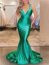 Trumpet/Mermaid V-neck Silk-like Satin Sweep Train Beading Prom Dresses #Favs020106899