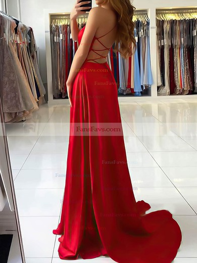 A-line V-neck Satin Sweep Train Split Front Prom Dresses #Favs020106901