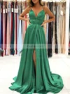 A-line V-neck Satin Sweep Train Split Front Prom Dresses #Favs020106901