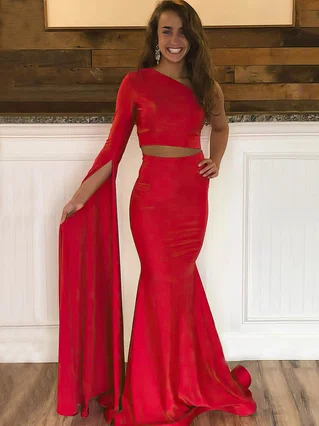 Trumpet/Mermaid One Shoulder Stretch Crepe Sweep Train Prom Dresses #Favs020106931