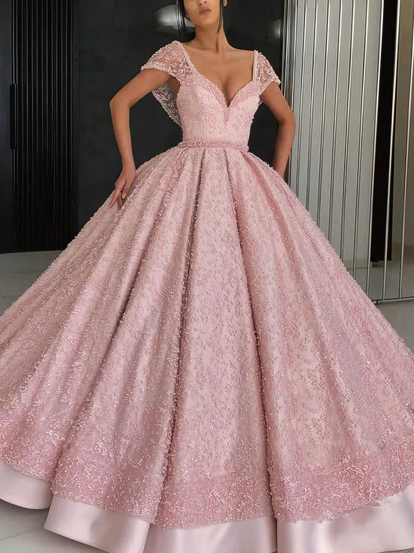 Ball Gown V-neck Satin Tulle Floor-length Beading Prom Dresses #Favs020106932