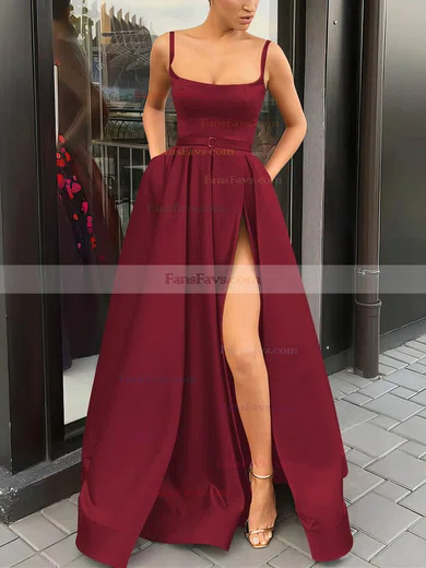 A-line Square Neckline Satin Sweep Train Sashes / Ribbons Prom Dresses #Favs020106933