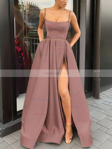 A-line Square Neckline Satin Sweep Train Sashes / Ribbons Prom Dresses #Favs020106933