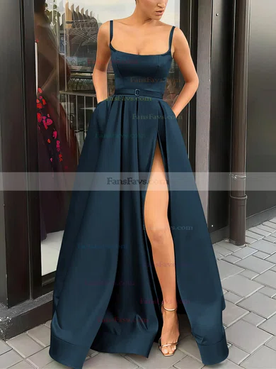 A-line Square Neckline Satin Sweep Train Sashes / Ribbons Prom Dresses #Favs020106933