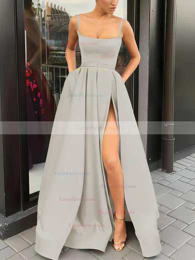 A-line Square Neckline Satin Sweep Train Sashes / Ribbons Prom Dresses #Favs020106933