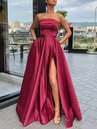 A-line Strapless Satin Sweep Train Sashes / Ribbons Prom Dresses #Favs020106934 A-line Strapless Satin Sweep Train Sashes / Ribbons Prom Dresses #Favs020106934