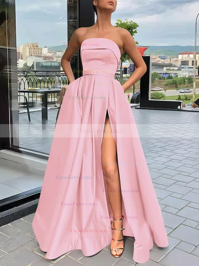 A-line Strapless Satin Sweep Train Sashes / Ribbons Prom Dresses #Favs020106934