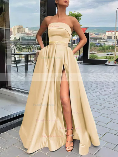 A-line Strapless Satin Sweep Train Sashes / Ribbons Prom Dresses #Favs020106934