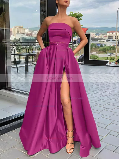 A-line Strapless Satin Sweep Train Sashes / Ribbons Prom Dresses #Favs020106934