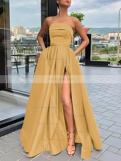 A-line Strapless Satin Sweep Train Sashes / Ribbons Prom Dresses #Favs020106934