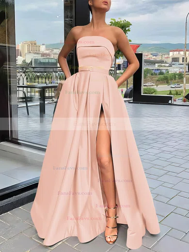 A-line Strapless Satin Sweep Train Sashes / Ribbons Prom Dresses #Favs020106934
