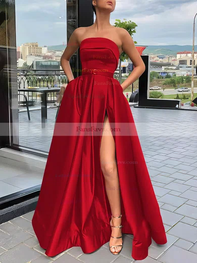 A-line Strapless Satin Sweep Train Sashes / Ribbons Prom Dresses #Favs020106934