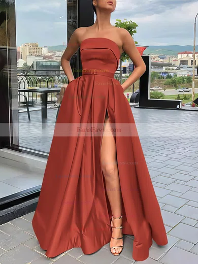 A-line Strapless Satin Sweep Train Sashes / Ribbons Prom Dresses #Favs020106934