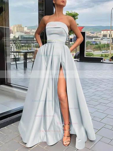 A-line Strapless Satin Sweep Train Sashes / Ribbons Prom Dresses #Favs020106934