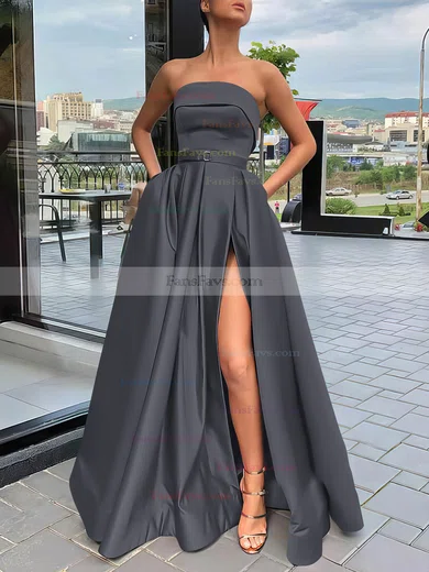 A-line Strapless Satin Sweep Train Sashes / Ribbons Prom Dresses #Favs020106934