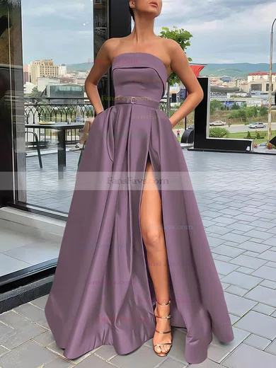 A-line Strapless Satin Sweep Train Sashes / Ribbons Prom Dresses #Favs020106934