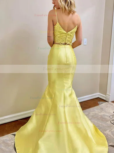 Trumpet/Mermaid V-neck Satin Sweep Train Beading Prom Dresses #Favs020106935