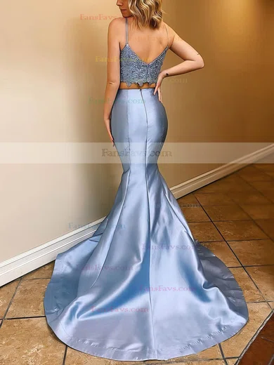 Trumpet/Mermaid V-neck Satin Sweep Train Beading Prom Dresses #Favs020106935