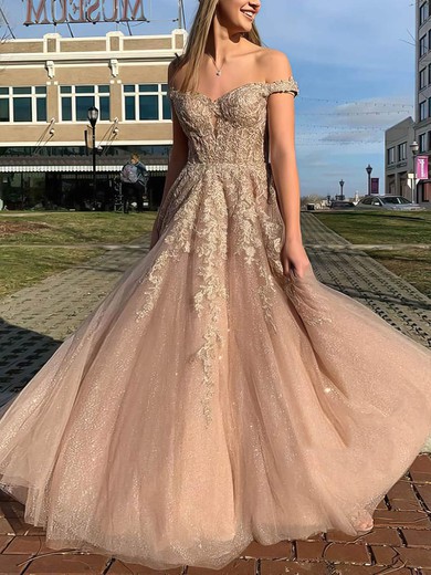 A-line Off-the-shoulder Tulle Sweep Train Beading Prom Dresses #Favs020106936