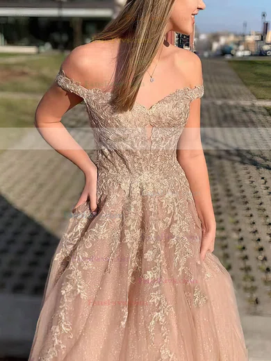 A-line Off-the-shoulder Tulle Sweep Train Beading Prom Dresses #Favs020106936
