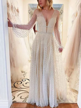 A-line V-neck Tulle Sweep Train Beading Prom Dresses #Favs020106937 A-line V-neck Tulle Sweep Train Beading Prom Dresses #Favs020106937