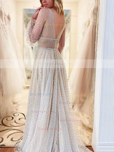 A-line V-neck Tulle Sweep Train Beading Prom Dresses #Favs020106937