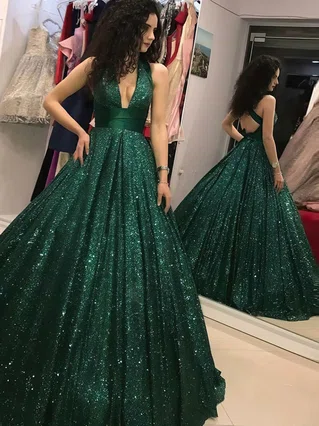 Ball Gown V-neck Sequined Sweep Train Sashes / Ribbons Prom Dresses #Favs020106940