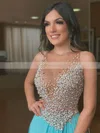 A-line Scoop Neck Chiffon Sweep Train Beading Prom Dresses #Favs020106941