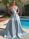 A-line Off-the-shoulder Satin Sweep Train Sashes / Ribbons Prom Dresses #Favs020106945