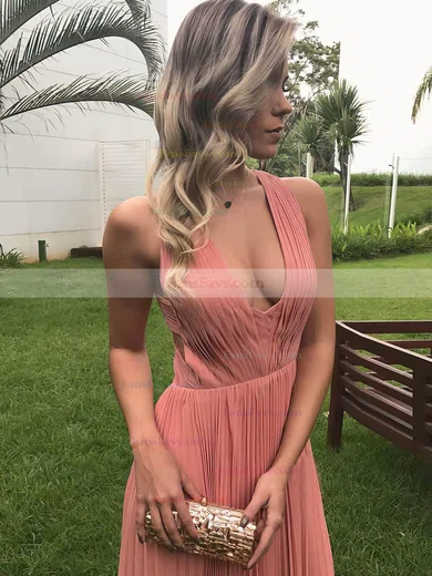 A-line V-neck Chiffon Sweep Train Ruffles Prom Dresses #Favs020106946