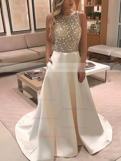 A-line Scoop Neck Satin Sweep Train Pockets Prom Dresses #Favs020106948