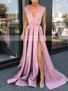 A-line V-neck Satin Sweep Train Sashes / Ribbons Prom Dresses #Favs020106950